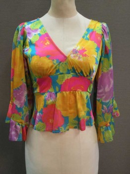 Hot Pink, Aqua Blue, Lime Green, Yellow, Orange, Synthetic, Floral, Bright Multi Color Floral Print, V-neck, Wide Sleeves with Ruffle Trim, Self Tie Belt, Zip Back, Cropped
