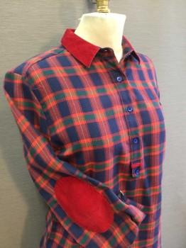 GLORIA VANCERBILT, Red, Wine Red, Navy Blue, Green, White, Polyester, Cotton, Plaid, Dark Red Inside Collar Attached, 4 Button Front, Pull Over, Long Sleeves, Matching Red Elbow Patch,