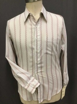 N/L, Off White, Wine Red, Poly/Cotton, Stripes - Vertical , Zig-Zag , Collar Attached, Button Front, 1 Pocket, Long Sleeves,