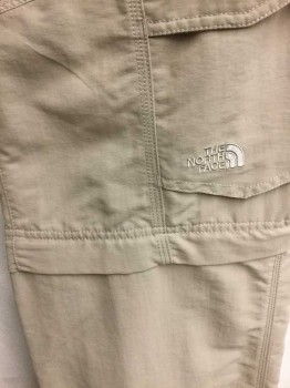 THE NORTH FACE, Khaki Brown, Nylon, Polyester, Solid, Flat Front, 4 Pockets, Detachable Legs to Make Shorts, Mountain/Hiking Pants, Zipper Cuffs, Black Web Belt