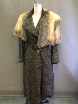 Womens, Coat, M.T.O., Chocolate Brown, Cream, Wool, Herringbone, W 30, B 36, Textured Wool Herringbone Brown/Cream, 2 Elk Horn  Buttons, Tall Collar with Chocolate Brown Suede Interior, 2 Pockets with Chocolate Brown Suede Interior, Shaped Tuck Pleat Sleeve with Deep Cuff, Self Belt with Black Horn Buckle