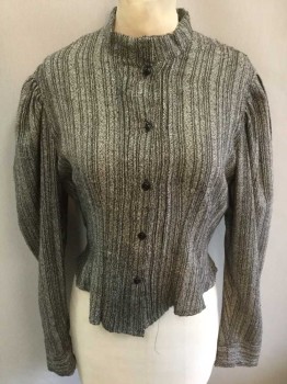 N/L, Charcoal Gray, Gray, White, Cotton, Stripes - Vertical , Speckled, L/S, Button Front, Stand Collar, Puff Sleeves with Gathered Shoulders, Pleated Vent Detail At Hem, Made To Order,