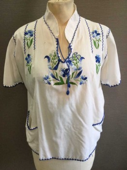 Womens, Top, N/L, White, Blue, Green, Lt Blue, Cotton, Floral, B34, S, Short Sleeve,  2 Pockets, Floral Embroidery, Stand Collar, Tie At Neck