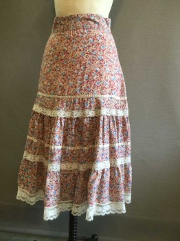 N/L, Pink, Maroon Red, Blue, Lt Blue, White, Cotton, Floral, Floral Prairie Skirt, 2" Wide Waistband, Zip Back, Gathered Layers with White Silk Ribbon and White Lace In Between, White Lace Hem