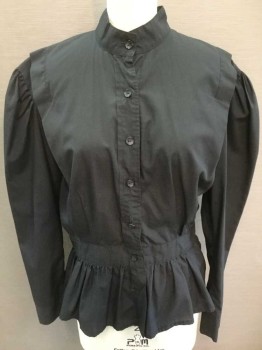 N/L, Black, Cotton, Long Sleeve Button Front, Stand Collar, 2 Vertical 1" Wide Pleats That Go From Center Back Waist To Center Front Shoulder In V Shape, Puffy Gathered Sleeves, 2" Wide Self Waistband with Gathered Peplum At Bottom, Made To Order,