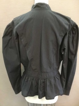 N/L, Black, Cotton, Long Sleeve Button Front, Stand Collar, 2 Vertical 1" Wide Pleats That Go From Center Back Waist To Center Front Shoulder In V Shape, Puffy Gathered Sleeves, 2" Wide Self Waistband with Gathered Peplum At Bottom, Made To Order,