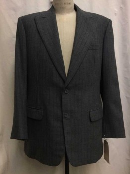 DAVID HAWKINS, Heather Gray, Black, Wool, Stripes - Pin, Single Breasted, Wide Peaked Lapel, 2 Buttons, 3 Pockets, Double Vents at Back Hem,