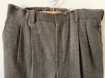 Mens, Pants, N/L, Brown, Cream, Black, Wool, Herringbone, Stripes - Vertical , 34, 34, Double Pleats, Wide Full Legs, Cuffed, Belt Loops, Zip Front, 2 Hip Pocket, Suspender Buttons on Inside of Waistband,