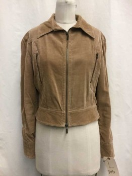 Womens, Casual Jacket, DITTO, Brown, Cotton, Spandex, Solid, M, Brown Corduroy, Zip Front, Collar Attached, 2 Zip Pockets. Zip Sleeve Detail