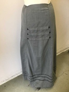 N/L, Gray, Black, Wool, Herringbone, Drawstring Waist, 3 Horizontal Pleats at Hip Level with 3 Rows of 2 Black Velvet Covered Decorative Buttons (6 Total), 3 Horizontal Black Trim Stripes Near Hem, Made To Order **Has Some Small Holes,