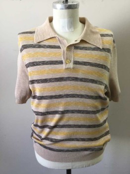 Mens, Sweater, N/L, Beige, Brown, Yellow, Stripes, XL, Pullover, S/S, C.A., 3 Button Placket, Ribbed Knit Cuff/Waist, Striped Front, Back/Collar/placket/Sleeves/Waistband All Solid Beige