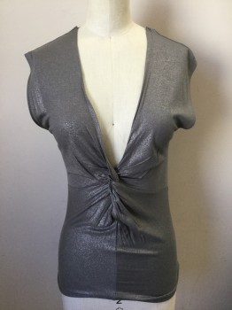 H&M, Iridescent Gray, Rayon, Solid, Glittery Gray Jersey, Sleeveless, V-neck with Knotted Detail at Center Front Bust