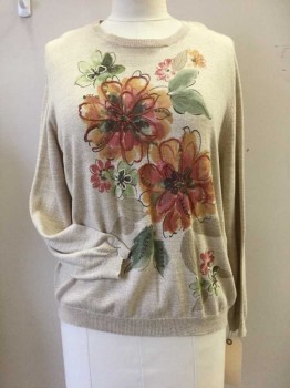 Womens, Pullover, ALFRED DUNNER, Tan Brown, Burnt Orange, Olive Green, Tan Brown, Cotton, Acrylic, Floral, Heathered, XL, Round Neck, Big Flowers with Embroidery, Beading and Sequins Center Front,