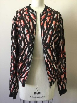 Womens, Casual Jacket, 1 STATE, Black, Pink, Red, White, Gray, Rayon, Abstract , XS, Black with Pink/red/white/gray Abstract Print, Zip Front, Black Knit Trim