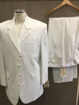 FALCONE, White, Polyester, Solid, 4 Self Covered Button Front, Notched Lapel, 3 Pockets,