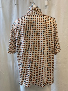 KING'S ROAD, Cream, Rust Orange, Chestnut Brown, Black, Polyester, Geometric, Cream with Rust, Chestnut Brown, Black Squares Pattern, Short Sleeve Button Front, Collar Attached, 1 Flap Pocket with Button Closure,