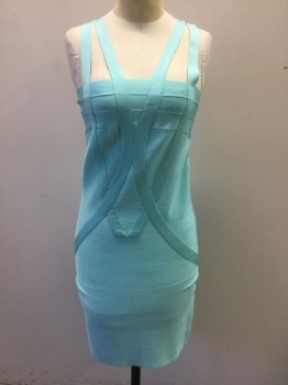 BEBE, Aqua Blue, Rayon, Spandex, Solid, Stretchy Bodycon Dress, Sleeveless, 4 Angled 1" Wide Straps at Shoulders, Form Fitting, Hem Above Knee