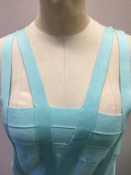 BEBE, Aqua Blue, Rayon, Spandex, Solid, Stretchy Bodycon Dress, Sleeveless, 4 Angled 1" Wide Straps at Shoulders, Form Fitting, Hem Above Knee