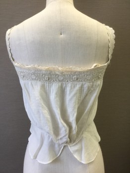 N/L, White, Cream, Cotton, Solid, Batiste, Cream Crochet Lace at Top/Bust & 1" Wide Straps, Pale Peach Satin Ribbon Interwoven at Bust, Open Threadwork Stripe at Waist, Tiny Button Closures at Front, **Has Some Small Holes/Wear in Front