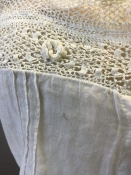 N/L, White, Cream, Cotton, Solid, Batiste, Cream Crochet Lace at Top/Bust & 1" Wide Straps, Pale Peach Satin Ribbon Interwoven at Bust, Open Threadwork Stripe at Waist, Tiny Button Closures at Front, **Has Some Small Holes/Wear in Front