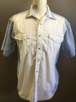 Mens, Western, WRANGLER, White, Denim Blue, Khaki Brown, Cotton, Solid, Stripes, M, Collar Attached, , Snap Front, Short Sleeves, Pocket Flaps with Snaps, White and Khaki Stripe Inset