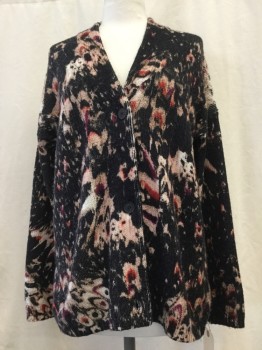 ALL SAINTS, Black, Lt Pink, Magenta Purple, Red, Wool, Synthetic, Abstract , Button Front, Abstract Blotchy Print