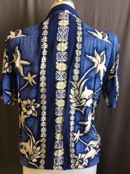Mens, Hawaiian Shirt, KOMODO, Dk Blue, Lt Blue, Off White, Brown, Black, Rayon, Hawaiian Print, C: 44, Collar Attached, Wood Button Front, 1 Pocket, Short Sleeves,