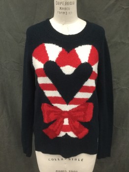 Womens, Pullover, ABERCROMBIE & FITCH, Faded Black, Red, White, Nylon, Acrylic, Holiday, S, Faded Black Boucle with Candy Canes in a Heart Shape with a Bow, Long Sleeves, Ribbed Knit Crew Neck/Waistband/Cuff, Side Seam Slits