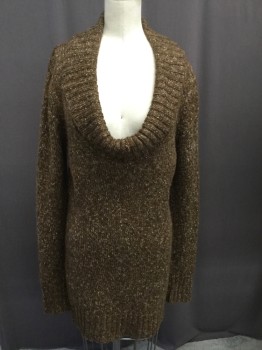 Womens, Dress, Long & 3/4 Sleeve, AQUA, Brown, Olive Green, White, Mauve Pink, Acrylic, Cotton, Solid, L, Knit Dress, Rib Knit Cowl, Heathered Brown
