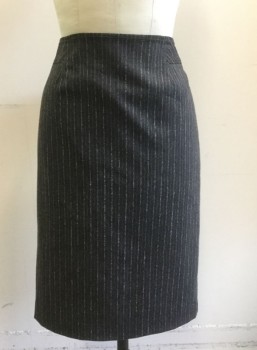 Womens, Skirt, Knee Length, MAGASCHONI, Charcoal Gray, Dusty Rose Pink, Polyester, Viscose, Stripes - Pin, 4, Charcoal with Dusty Rose Textured Vertical Pinstripes, Pencil Skirt, Top Stitching Detail at Waist, Lapped Zipper at Center Back
