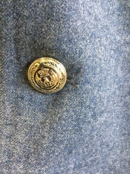 Mens, Sportcoat/Blazer, NELSON DAVID CO, Dusty Blue, Wool, Solid, 48R, Single Breasted, Notched Lapel, 2 Silver Metal Buttons with Embossed Eagle Detail, 3 Pockets, Solid Navy Lining