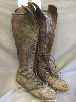 Mens, Sci-Fi/Fantasy Boots , MTO, Dk Brown, Leather, Solid, 11, Made To Order, Basketweave Texture, Lace Up, Pointy Elf-ish Turned Up Toe, Diagonal Leather Wrapped Braid Across Arch