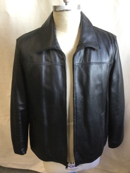 Mens, Leather Jacket, WILSONS LEATHER, Leather, Solid, 2XL, Black with Black Square Quilt Lining, Collar Attached, Zip Front, 2 Pockets, Long Sleeves,