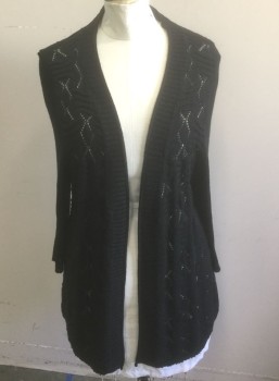 LAUREN MICHELLE , Black, Acrylic, Nylon, Geometric, Geometric Texture Crochet, 3/4 Sleeves, Open at Center Front with No Closures, Below Hip/Tunic Length