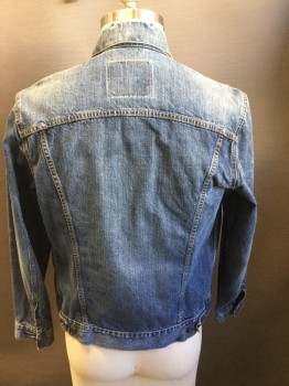 Mens, Jean Jacket, WRANGLER, Blue, Cotton, Solid, L, Button Front, Collar Attached, 4 Pockets, Back Waist Button Tabs