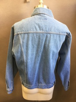 Mens, Jean Jacket, WRANGLER, Blue, Cotton, Solid, L, Button Front, Collar Attached, 4 Pockets, Back Waist Button Tabs