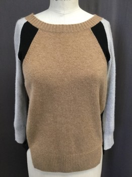 Womens, Pullover, CLUB MONACO, Heather Gray, Camel Brown, Black, Cashmere, Solid, XS, Ballet Neck, 3/4 Sleeve, Lt Heathered Grey Sleeves, Camel Body, Black Sides Detail