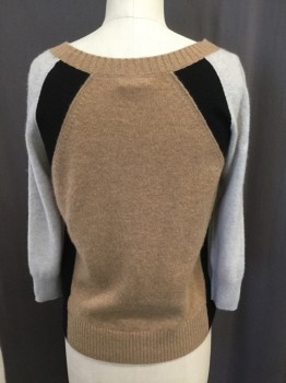 Womens, Pullover, CLUB MONACO, Heather Gray, Camel Brown, Black, Cashmere, Solid, XS, Ballet Neck, 3/4 Sleeve, Lt Heathered Grey Sleeves, Camel Body, Black Sides Detail