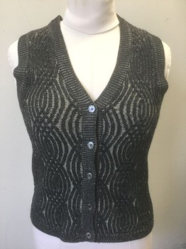 DKNY, Charcoal Gray, Ecru, Wool, Abstract , Textured Pattern Knit, 5 Button Front, V-neck