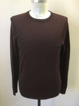 Mens, Cardigan Sweater, MICHAEL KORS, Dk Brown, Wool, Polyamide, Solid, M, Dark Brown with Reddish Tint, Ribbed Knit Crew Neck/Cuff/Waistband with Grey Trim, Tighter Knit Panels Across Shoulder/Around Armholes/Down Sides