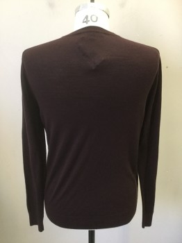 Mens, Cardigan Sweater, MICHAEL KORS, Dk Brown, Wool, Polyamide, Solid, M, Dark Brown with Reddish Tint, Ribbed Knit Crew Neck/Cuff/Waistband with Grey Trim, Tighter Knit Panels Across Shoulder/Around Armholes/Down Sides