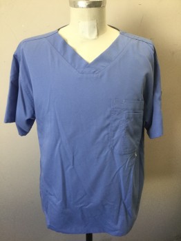 GREY'S ANATOMY, French Blue, Polyester, Rayon, Solid, Short Sleeves, V-neck, 1 Patch Pocket at Chest with 3 Compartments, 1 Pocket on Left Sleeve