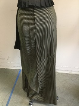 MTO, Black, Khaki Brown, Wool, Stripes, Black Satin Fan Pleated Ruffle at Waist, Cross Over Triangle Skirt with Wide Pleated Under Skirt, Knife Pleats in Back with Buttons, *** Stains on Front Skirt and Stitched Holes***,