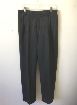 GIORGIO BERTUCCI, Charcoal Gray, Wool, Stripes - Pin, with Beige Double Pinstripes, Triple Pleated, Button Tab Waist, Zip Fly, 4 Pockets, Early 1990's