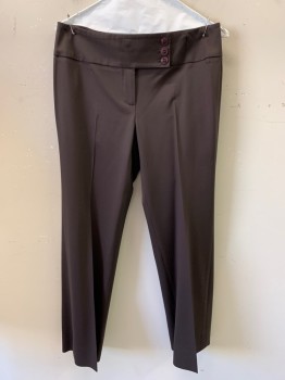 Womens, Slacks, CLASSIQUES ENTIER, Dk Brown, Wool, Spandex, Solid, 6, Wide Waistband, 3 Buttons, Zip Front, 2 Welt Pockets on Back