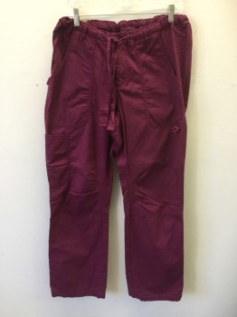 KOI, Red Burgundy, Poly/Cotton, Solid, Drawstring Waist, Zip Fly, Belt Loops, 3 Pockets, 2 Back Flap Pockets, Darted Knees at Inseam
