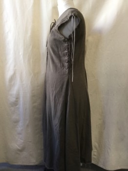 Womens, Historical Fiction Dress, MTO, Brown, Cotton, Solid, 34w, 34/40b, Round Neck,  Lacing/Ties Front Placket and Sides, Lacing/Ties Arms Eyes, ONE SLEEVE, Waist to Hem Godets Front Back and Sides, Raw Edge Hem, Aged/Distressed,