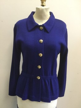 ST. JOHN, Dk Purple, Synthetic, Solid, Sweater Blazer, Button Front, Collar Attached, Elastic Waistband, Gold Buttons, Long Sleeves. Gathered Peplum, Side Slits