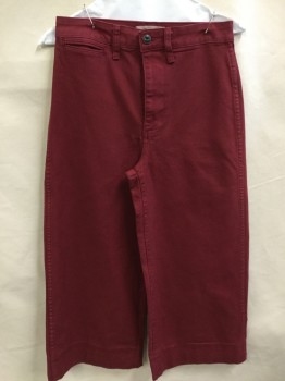 Womens, Pants, MADEWELL, Dk Red, Cotton, Solid, 25, Dark Red, Flat Front, Zip Front, 3 Pockets