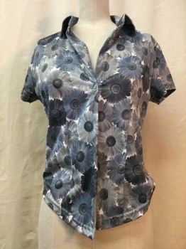Womens, Shirt, STREET CODE, Gray, Slate Gray, White, Polyester, Floral, S, Sunflower Print, 1 Button, Collar Attached, Short Sleeves, Plunge Neck